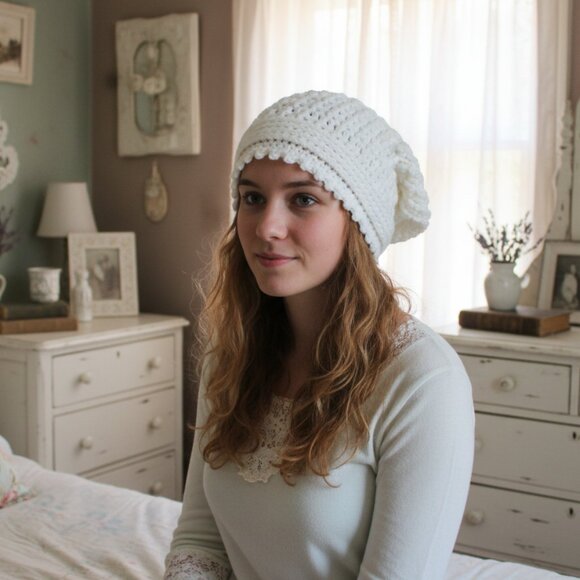 Handmade White Crochet Slouchy Beanie Worsted Weight Winter Hat Soft Acrylic - Picture 2 of 10